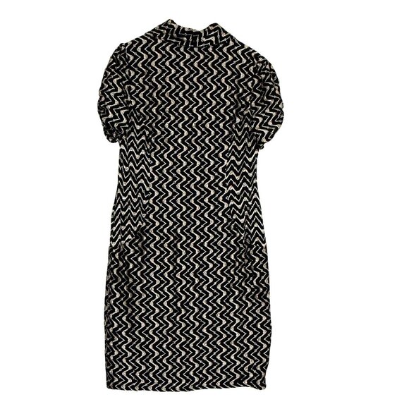 Evan-Picone Cowl Neck Dress Sz 16 Short Sleeve Ruched Zigzag Black Gold - Picture 6 of 8